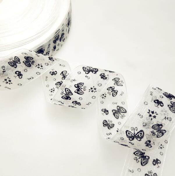 5 meters/partij 25mm Cartoon Vlinder Linten Gedrukt Organza Lint Tape voor Handwerken DIY cadeaupapier Decoratie: WHITE