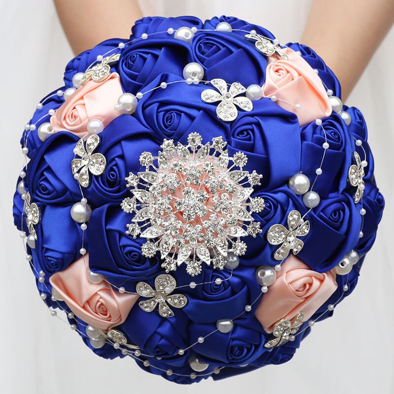 Handmade Ribbon Wedding Rose Flowers Rhinestone Bridal Bouquets Pearl Bridal Holding Bouquet Fleur Artificielle Mariage W224D: 18cm shell pink