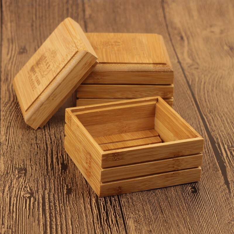 Bamboo Drain Soap Box Soap Holder Wooden Storage Box Eco-Friendly For Bathroom Products 8x8.1x5.2cm Bamboo Soap Dishes