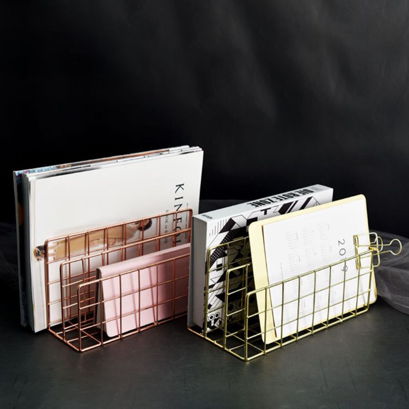 Grid 3 Compartments Bookshelf Magazine File Organizer Holder Wrought Iron Rack