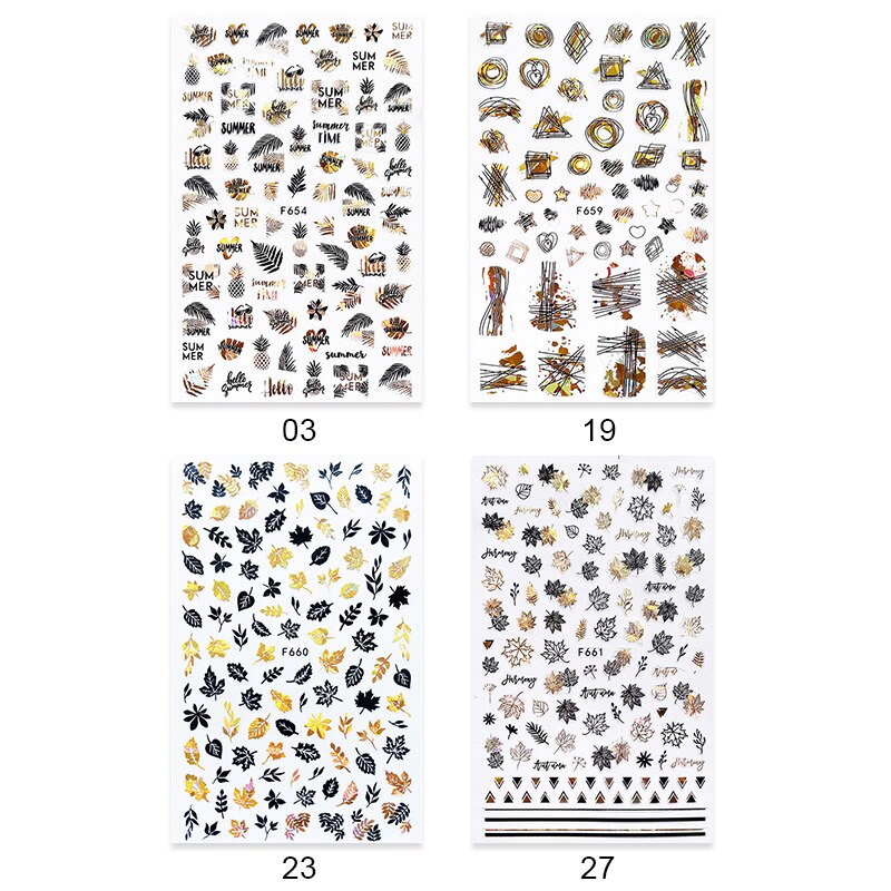 4 stk sommer nail art klistermærker blade bogstav geometrisk 3d selvklæbende skyder negle dekoration guld sort hvid manicure folie sæt: 02