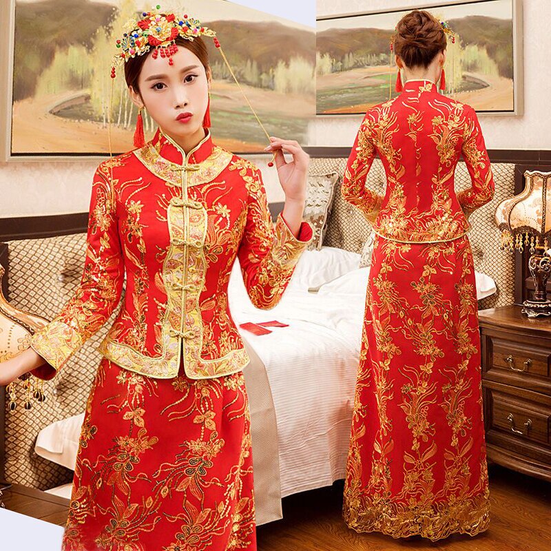 Rode Traditionele Chinese Trouwjurk Qipao Nationale Kostuum Womens Overzeese Chinese Stijl Bruid Borduurwerk Cheongsam S-XXXL