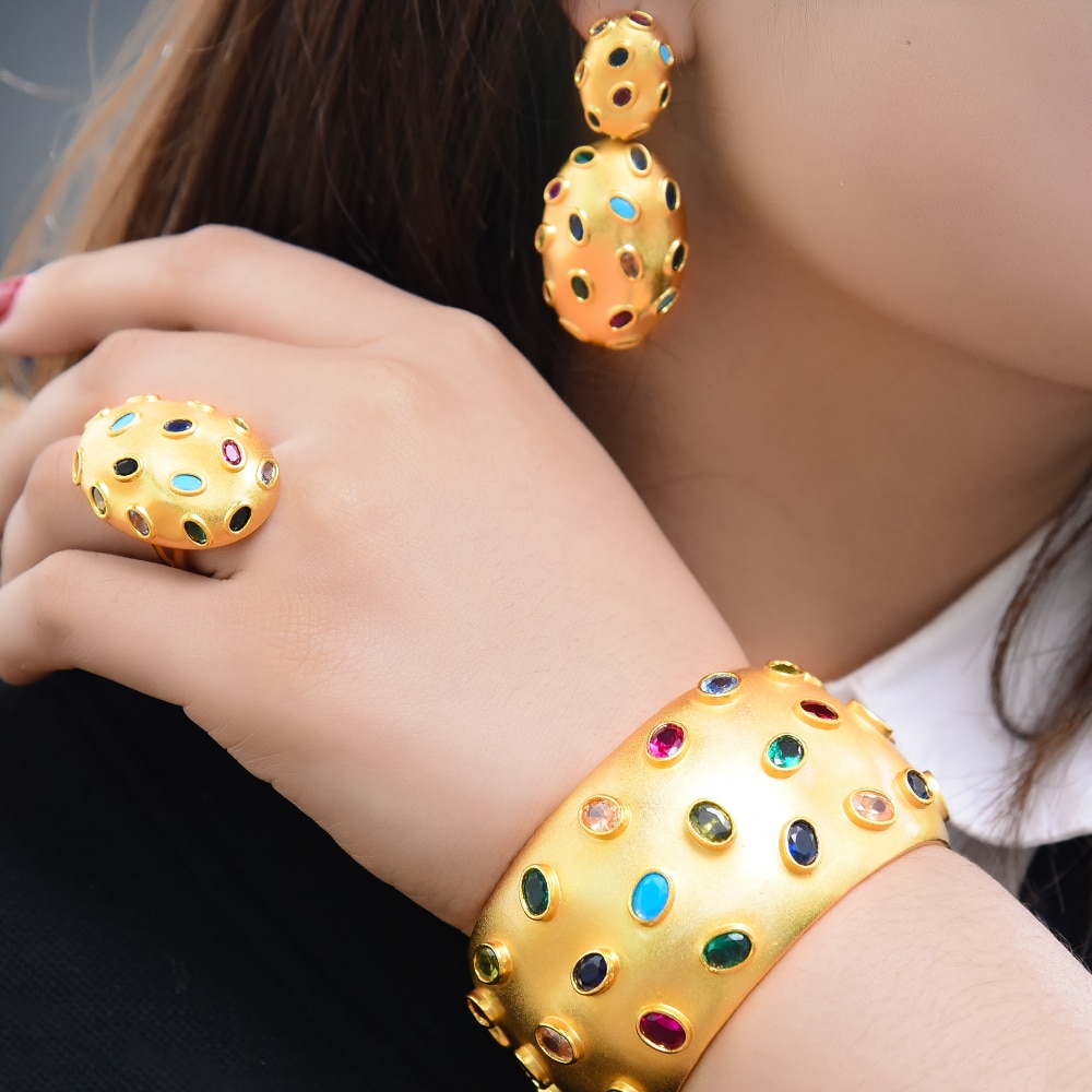 Godki Charms 3Pc Armband Ring Oorbel Set Voor Vrouwen Wedding Bridal Cubic Zirkoon Dubai Party Bruiloft Sieraden Boho