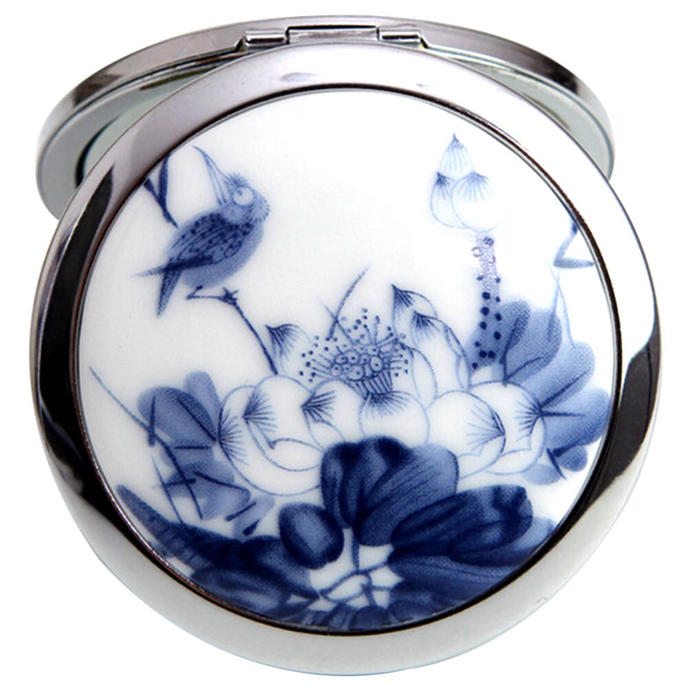 Mini makeup kompakt lommespejl blomst porcelæn metal bærbart to-sidet folde makeup spejl vintage kosmetiske spejle: Blå