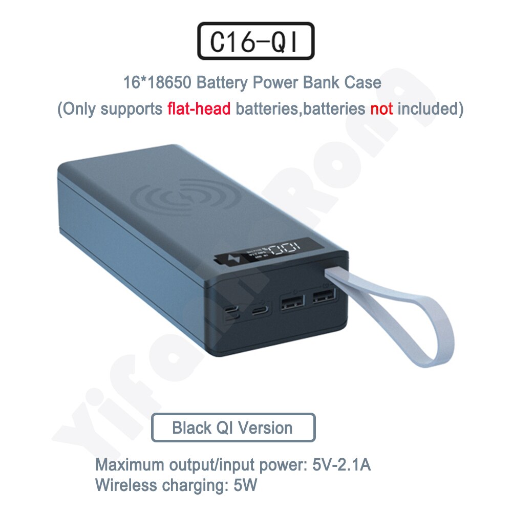 16*18650 Battery Charger Box Shell Diy Power Bank Case Dual Usb Quick Draadloos Opladen Voor Powerbank Case Zonder batterij: Wireless Black