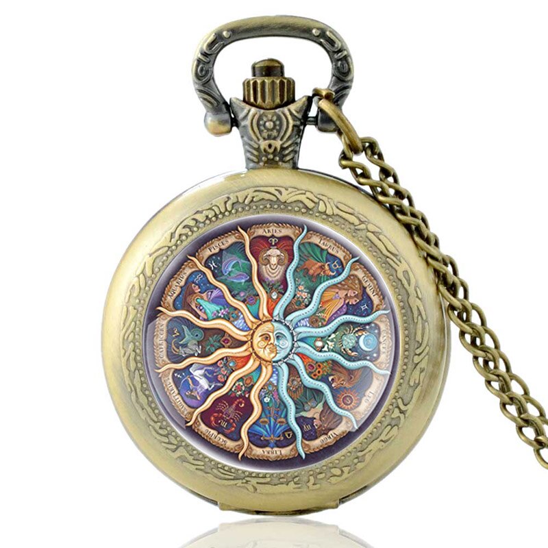 Soleil lune astrologie douze Constellations Bronze Quartz montre de poche hommes femmes pendentif collier heures horloge: Bronze
