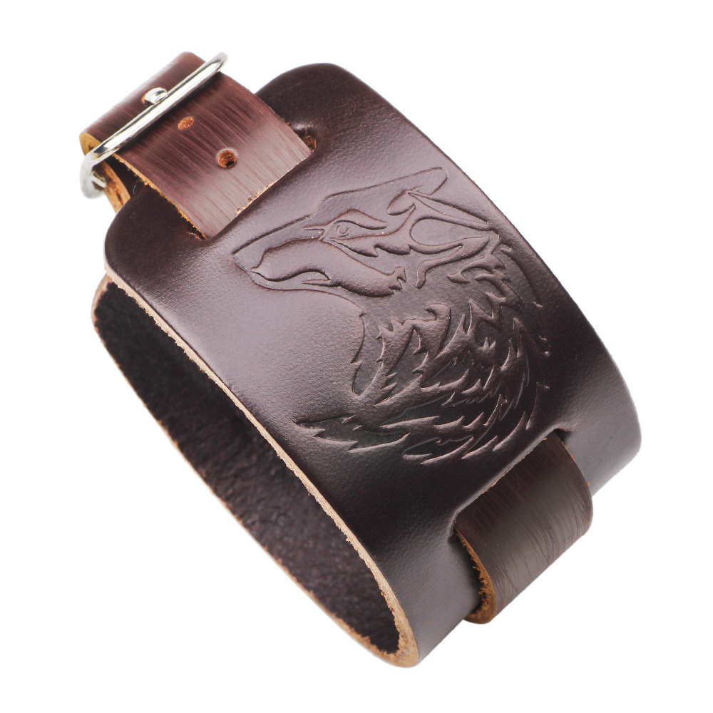 Pulsera de cuero con cabeza de Lobo para hombre, brazalete con adorno en relieve, estilo Punk Rock,: ZS