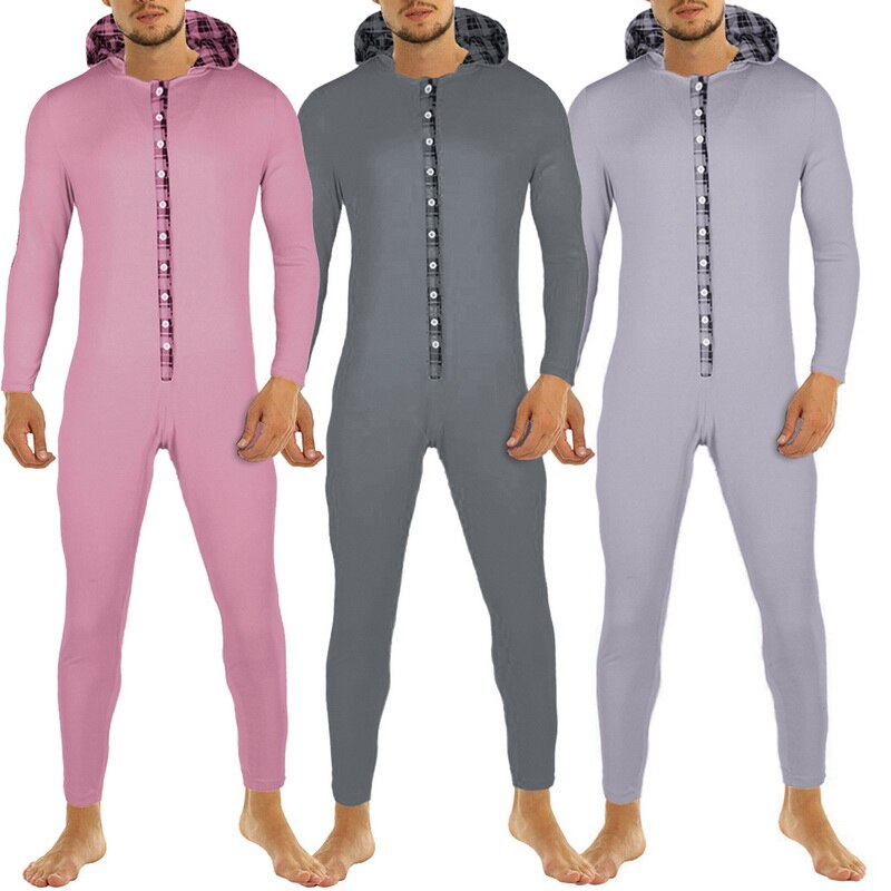 Sexy Mannen Bodycon Romper Jumpsuit Nachtkleding Homewear Lange Mouw Konijnenoren Hooded Button Kraag Lange Broek Open Hip pyjama
