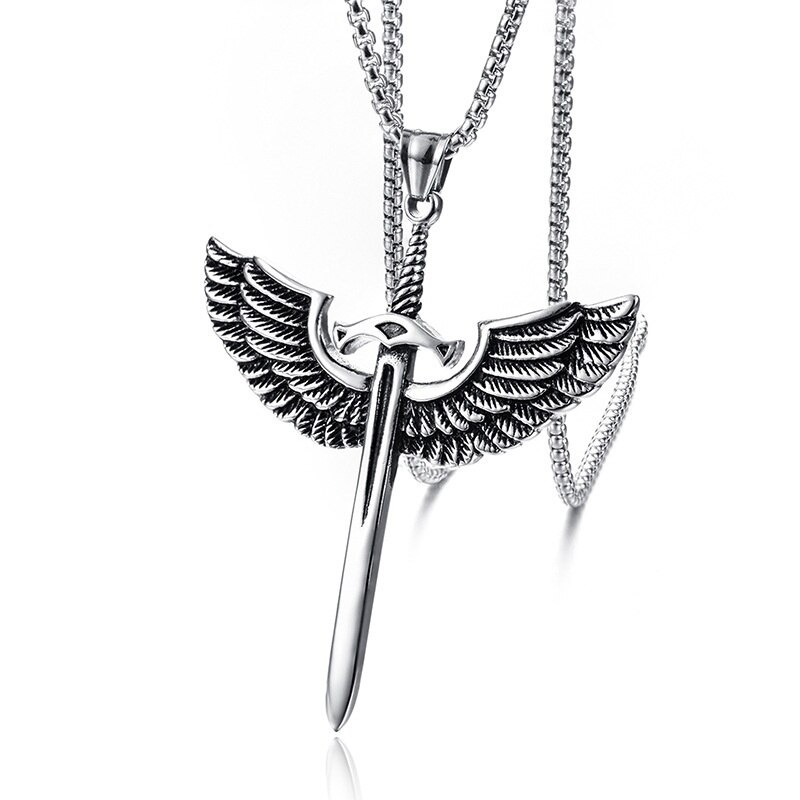 Punk Angel Feather Kruis Hanger Ketting Retro Zwaard Hanger Ketting Heren Mode Metalen Accessoires Religieuze Amulet Sieraden