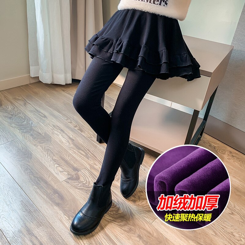 Meisje Pantskirt Zachte Elastische Taille Katoen Kids Winter Dikke Leggings Balck Grey Meisjes Nep Twee Stukken Rok Skinny Broek 4-13Yrs