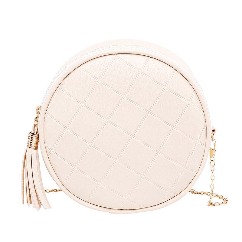 Women Round Bags Solid Color Plaid Shoulder Handbags Women Small Round Tassel Crossbody Bags for Women Purses Clutches: Beige