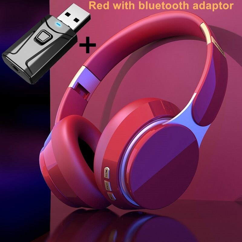 Wireless TV Headphones Bluetooth 5.0 USB Adaptor Stereo Headset Foldable Helmet Earbuds with Mic for Samsung Xiaomi TV PC Music: 07 red with adaptor