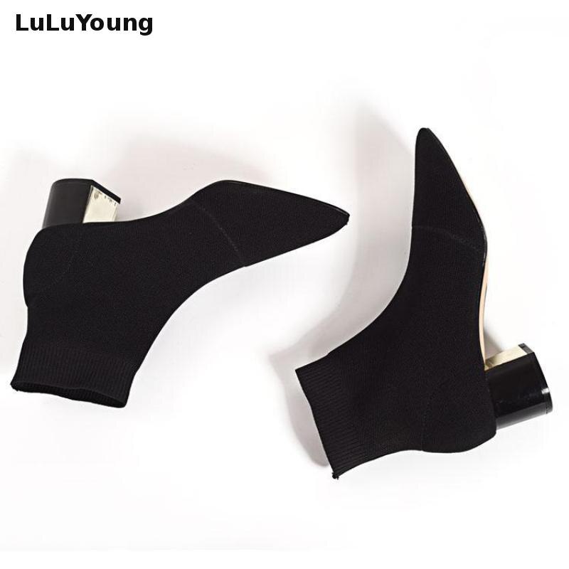 Calcetines elásticos de punto para mujer, botas cortas de tacón medio, botines con punta estrecha