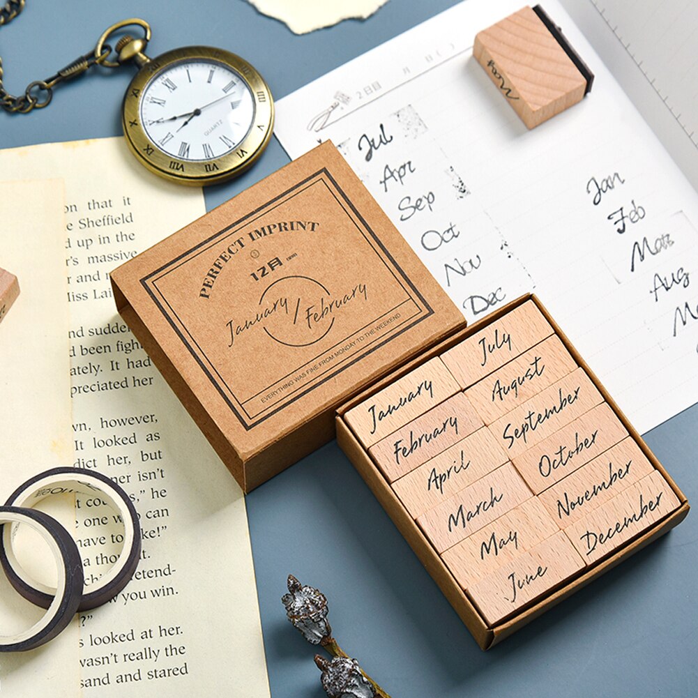 DIY Wooden Retro Vintage Month Week Planner Stamp Basic Function Series Digital Symbol Stamp Seal Stationery Office Supplies