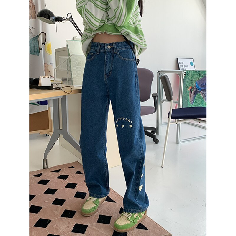 Dames hoge taille strass jeans baggy rechte wijde pijpen casual denim
