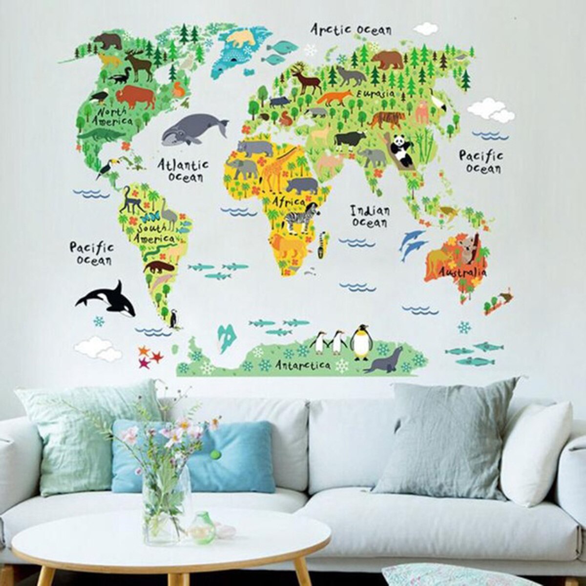 Large Kids Educational Animal World Map Removable Decal Art Mural Home Decor Wall Stickers