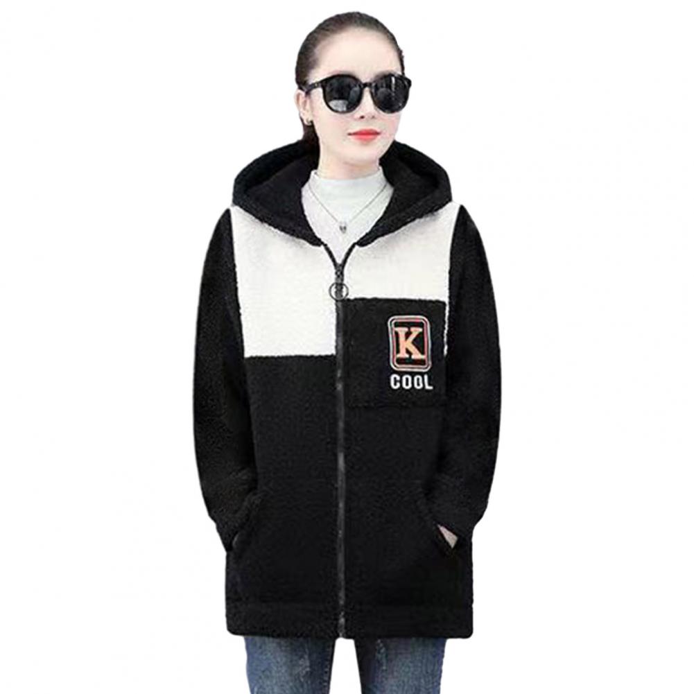 Damenjacke, Colorblock-Vlies-Kapuzenmantel mit Reißverschlusstaschen für Damen, warme Winter-Strickjacke-Jacke, mittellang, Schließfach: M / verrotten