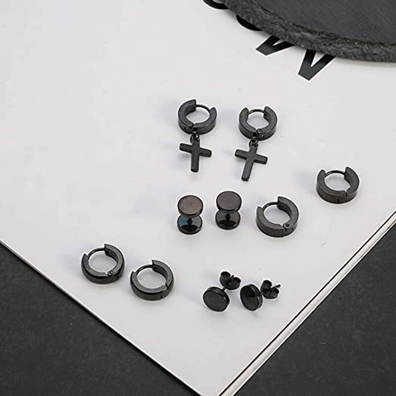 9 Pairs of Stainless Steel Stud Earrings Huggie Hoop Earrings Women&#39;s Men&#39;s Black Cross Punk Style Gothic Earring Set