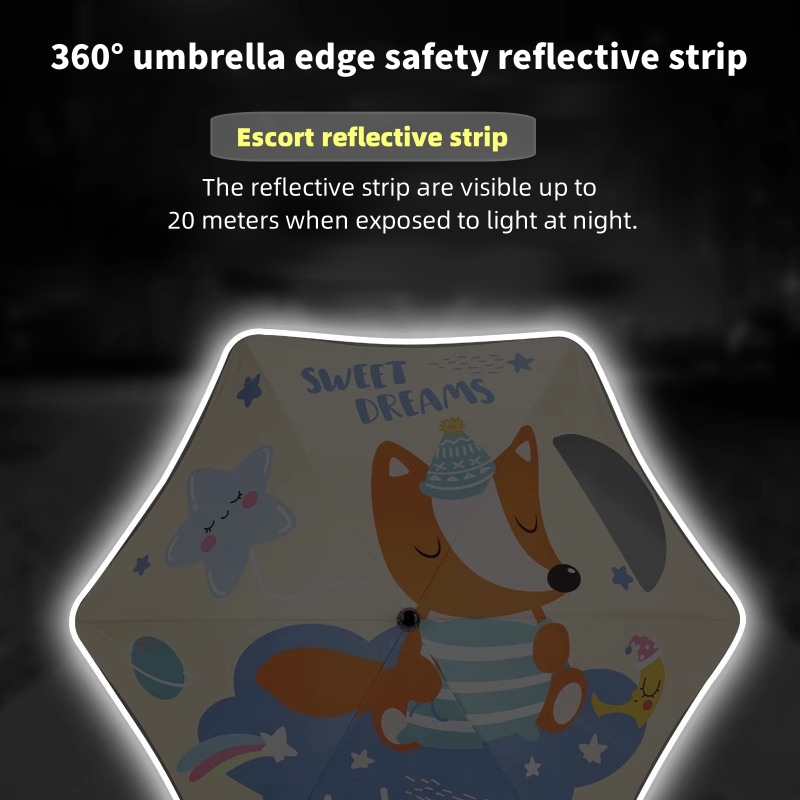 Paraguas UV de dibujos animados para niños, sombrilla de mano larga, protección contra la lluvia y el sol, esquinas redondas, con tira reflectante