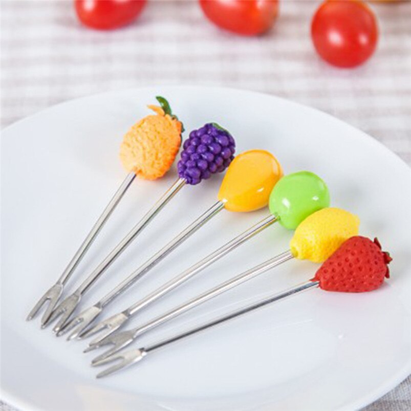 6Pcs Kitchen Forks fruit sign stainless steel fruit Fork multicolor Tableware cute child Fruit Forks #3n05#F