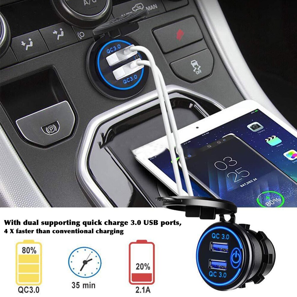 Lkw-handy-wasserdichter autolader mit schnellladefunktion, berührungsempfindlicher schnellladefunktion, 3.0 dual-usb-anschlüsse, marine-boots-steckdose, motorrad-anschluss