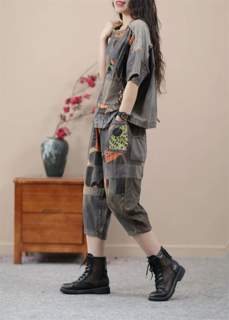 Conjunto de calças jeans Harlan de mulher, coreano, estilo étnico, pequeno, casual, roupa de alta qualidade, estampada, feminina, verão, novo, 2024