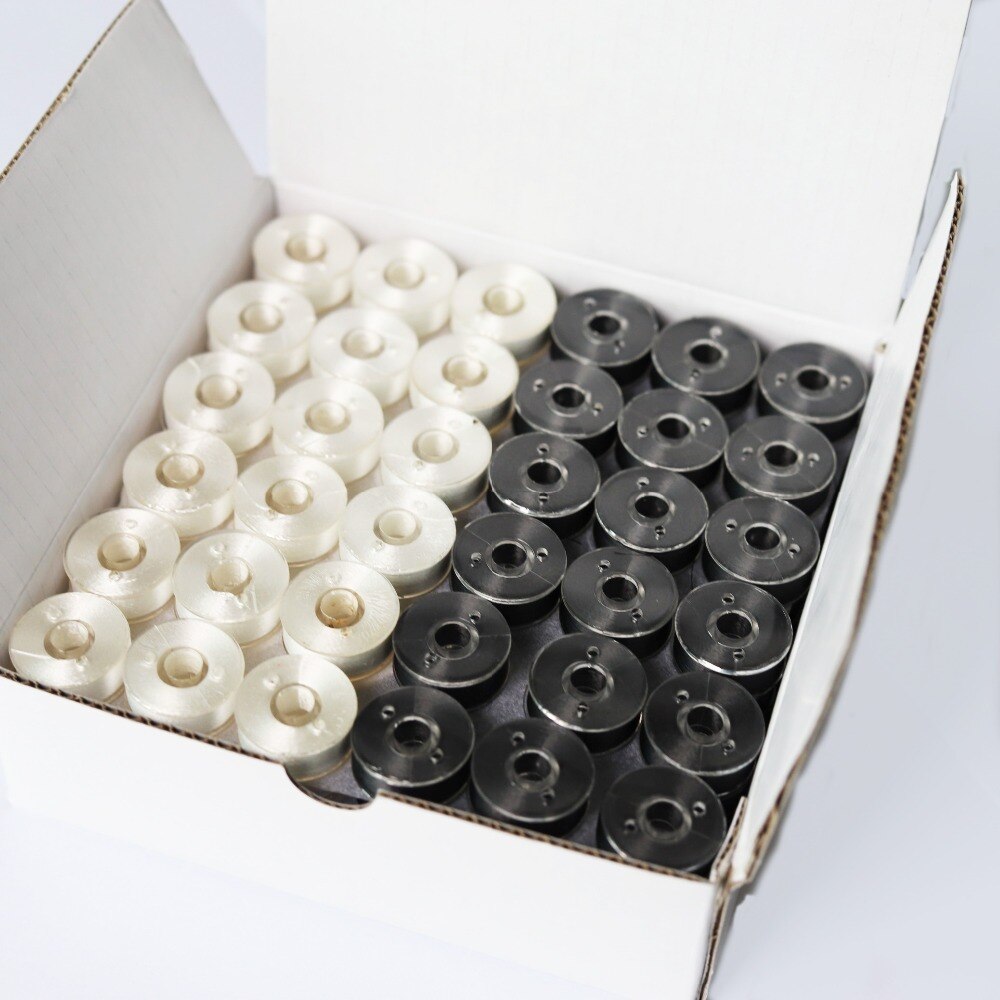 Size A Style Plastic Sided Prewound Bobbin Thread 75D/2 144PCS Per Box Polyester Machine Embroidery Underthread: Black White