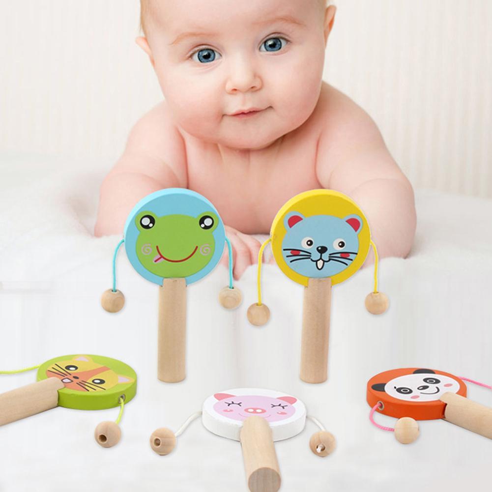 Cartoon Animal Wooden Handheld Musical Rattle Drum Shaker Education Baby Toy Noise Maker Wooden Musical Instrument