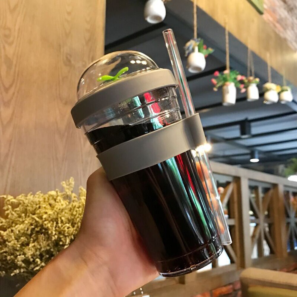 Bärbar plastbubbla te bubbla tebryggare återanvändbar plast kaffekopp läckagesäker kopp kopp te sport tumlare med halm: Grå / 360ml