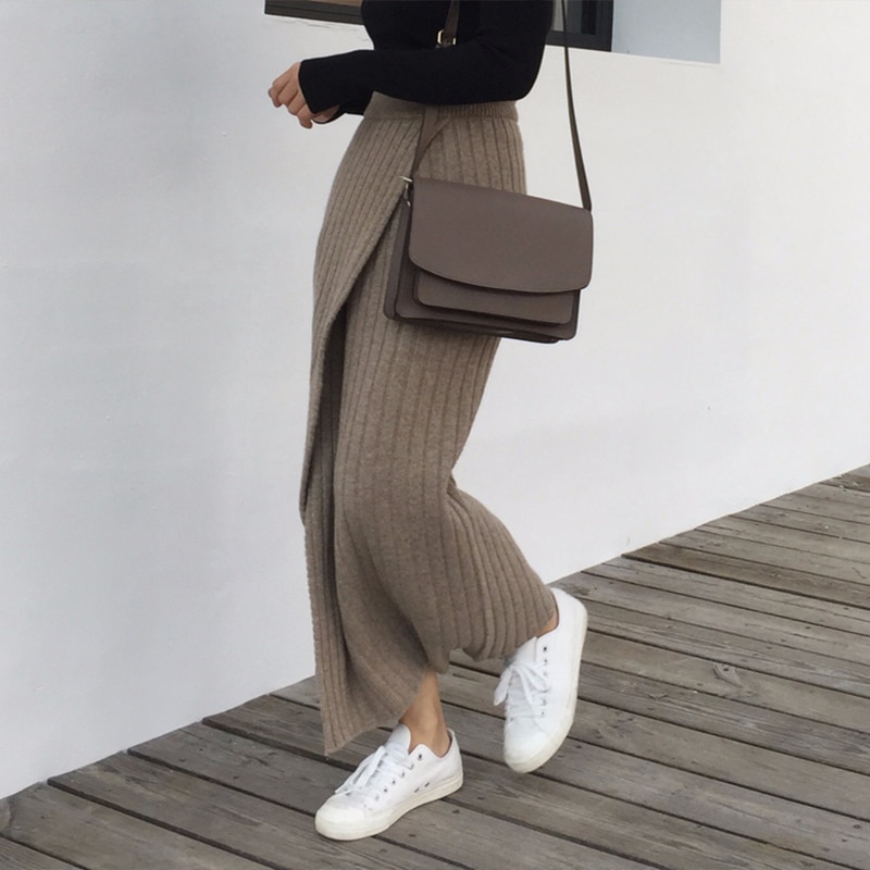 Winter herfst brei rok hoge taille ol lange kokerrok dames open spleet warme dikke gebreide casual vintage maxi rok