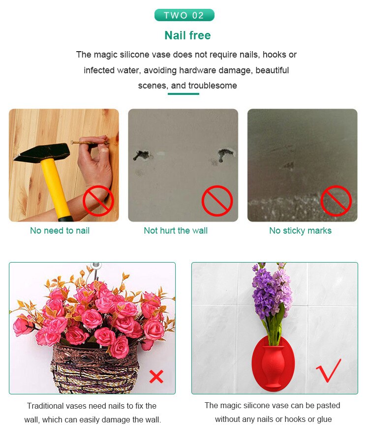 Portable Silicone Additive Sticky Vase Easy Removable Wall And Fridge Magic Flower Plant Vases DIY Home Decoration Accessories