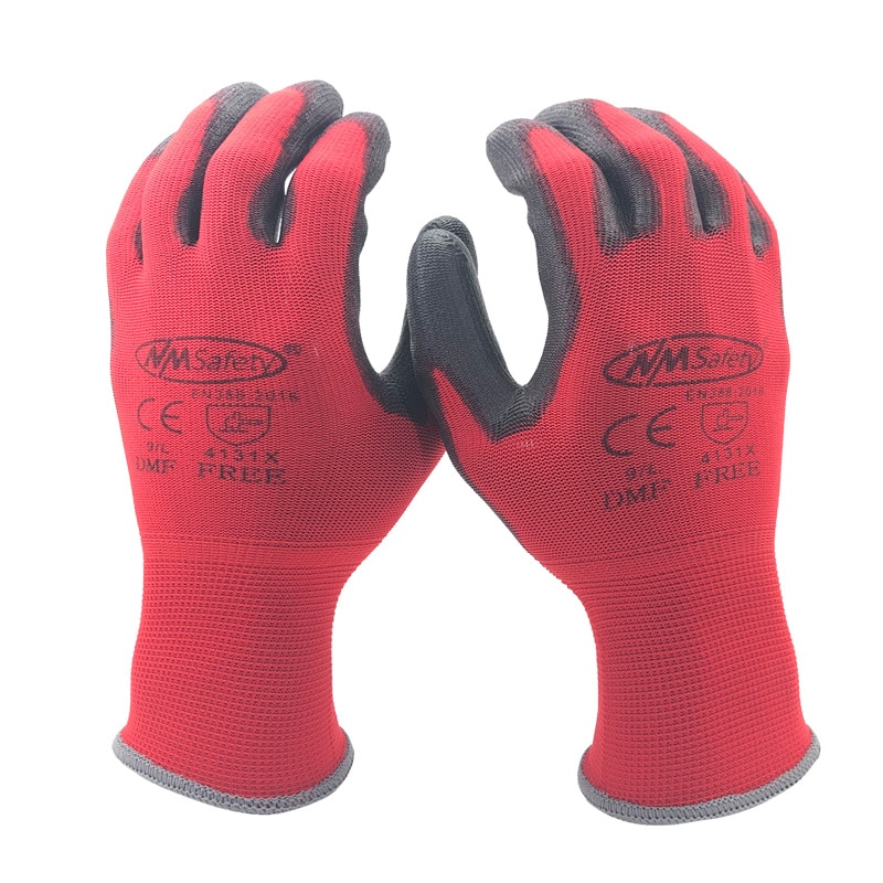 Guantes de trabajo de seguridad con manómetro 13, manoplas de nitrilo PU recubiertas de nailon rojo, 24 unidades/12 pares