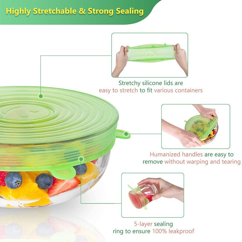 Tapas elásticas de silicona de cobertura completa, cubiertas herméticas para envolver alimentos, utensilios de cocina elásticos con sello fresco, 6 uds.