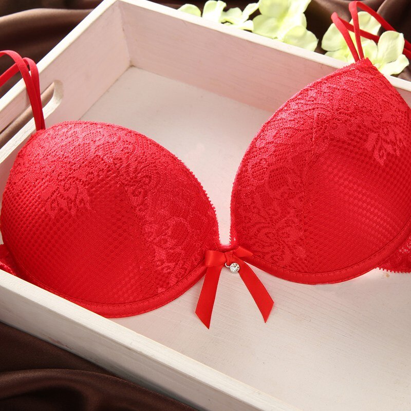 Red Women Bras Ladies Bow Cozy Thin Underwire Padded Push Up Lace Bra Panties Sets