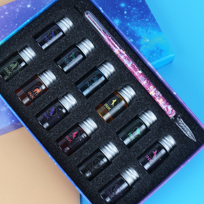7/13pcs Glass Dip Pen And Blue Ink Sets Box Sequin Series Signature Pencil Handicraft Dip Pens Glass Pencils: Star Pink