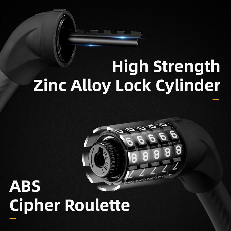ROCKBROS 87CM Bike Lock Steel Five-digit Code Anti-theft 1.72CM Bold Cable Password Lock PVC Wrapped Lock MTB Road Accessories
