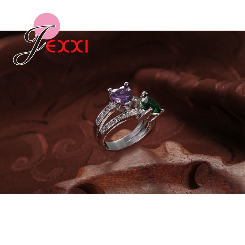 Moda criativa jóias anel oco romântico duplo coração roxo verde cz cristal anéis de festa de casamento feminino