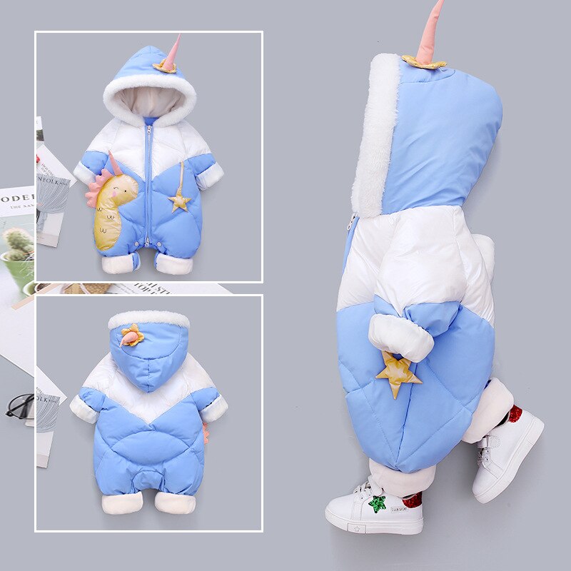 Geboren Fluwelen Winter Baby Kleding Meisje Romper Cartoon Dinosaurus Jongen Hooded Down Overall Kid Jas Peuter Jumpsuit Snowsuit