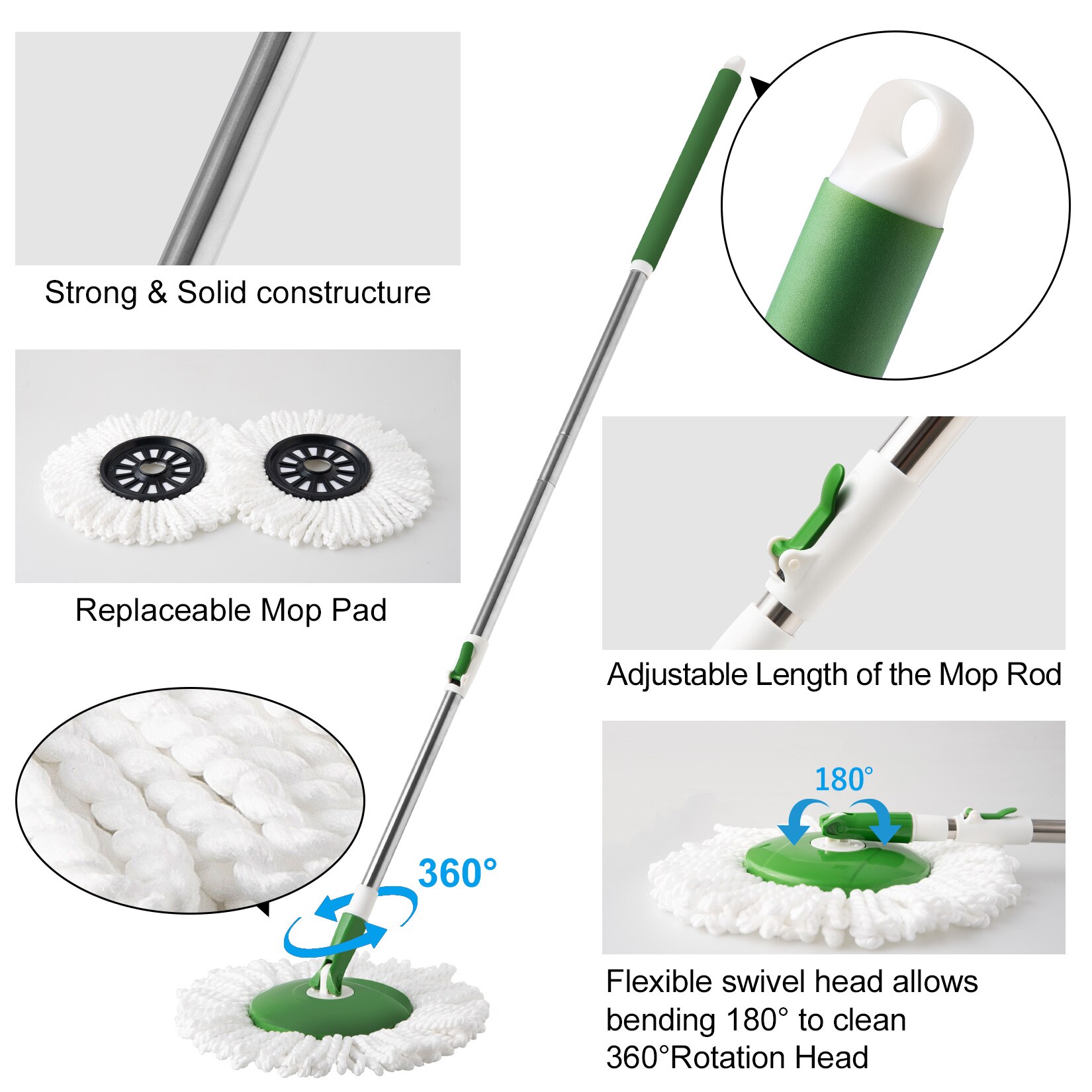 Boomjoy 360 Spin Verstelbare Vloer Mop Met Grote Emmer 2 Stuks Microfiber Pads Verlengde Handvat Voor Hardhout Schoonmaken