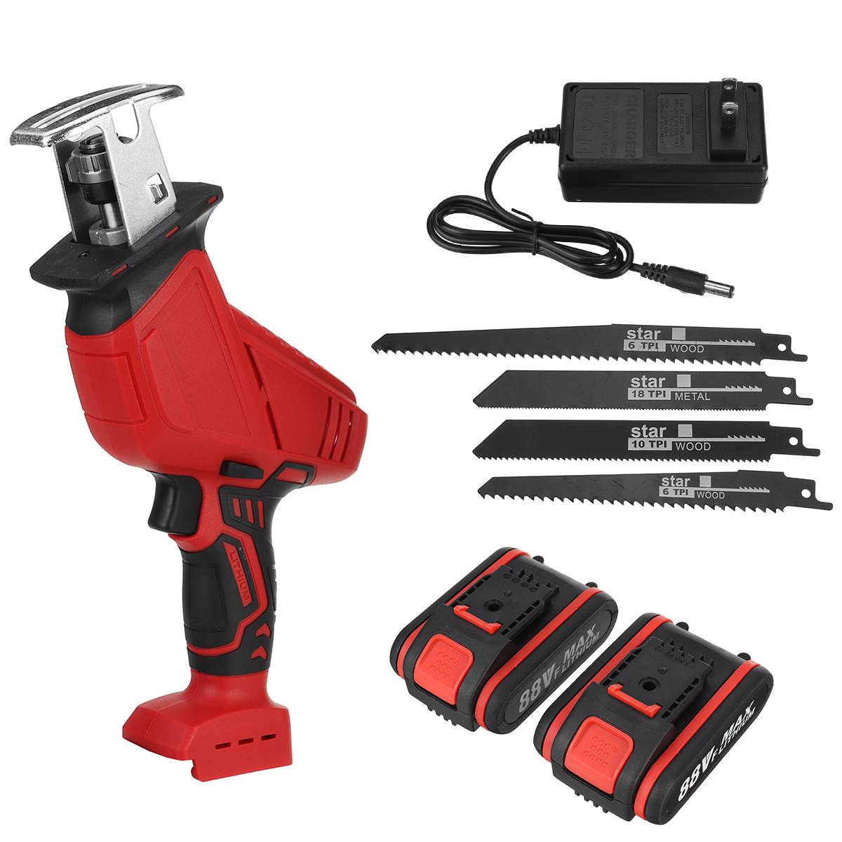 88V Accu Reciprozaag Outdoor Elektrische Saber Saw Kit Voor Hout Metaal Snijden Houtbewerking Gereedschap Batterij Oplaadbare: 2 battery / EU