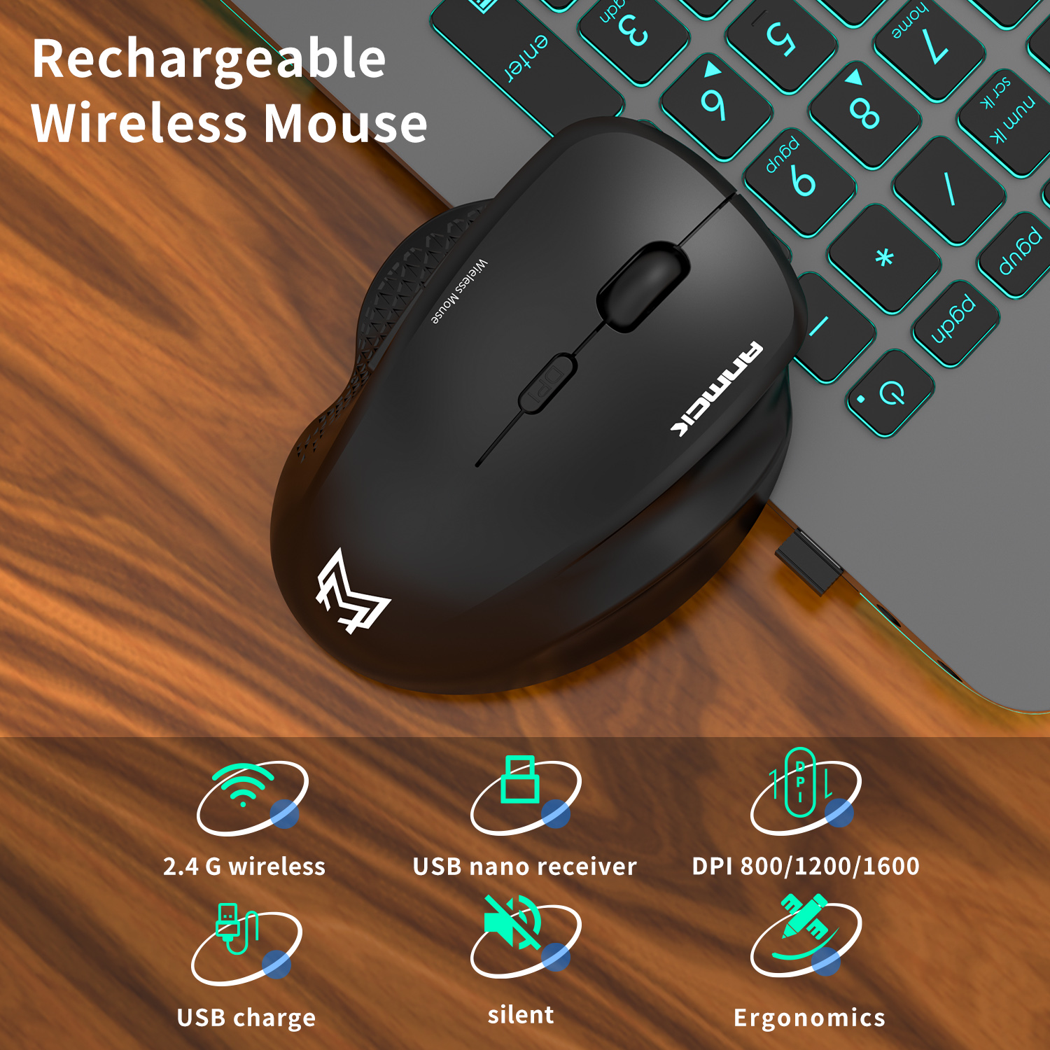 Anmck PM2 2.4G Wireless Gaming Mouse Office Business Silent Optical Mice USB Rechargeable Ergonomic Mouse For Computer PC Gamer