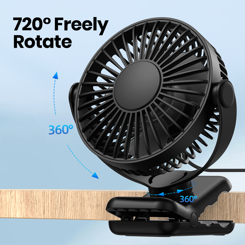 TOPK Mini ventilador portátil con clip, ventilador de escritorio USB, viento silencioso de 3 velocidades 720 ° Ventilador eléctrico personal giratorio, ventiladores de pie para habitación y hogar