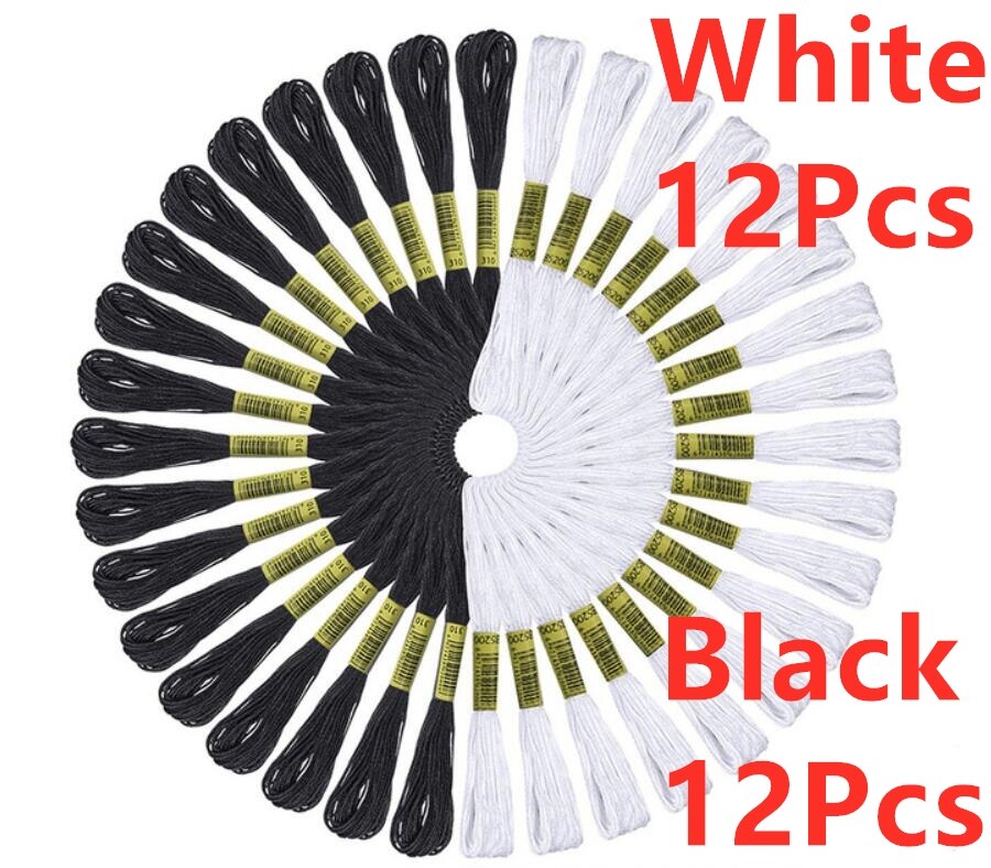 Embroidery Thread 447 Colors Embroidery Floss Cross Stitch Kit Premium Rainbow Embroidery DIY Threads Crafts Cotton Sewing Skein: Black12pcsWhite12pcs