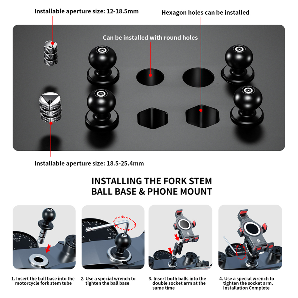 Ball Mount Adapter Aluminum Alloy Mobile Phone Holder Motorcycle Fork Stem Mount Front Fork Bar Ball Head for Motorbike Bicycle
