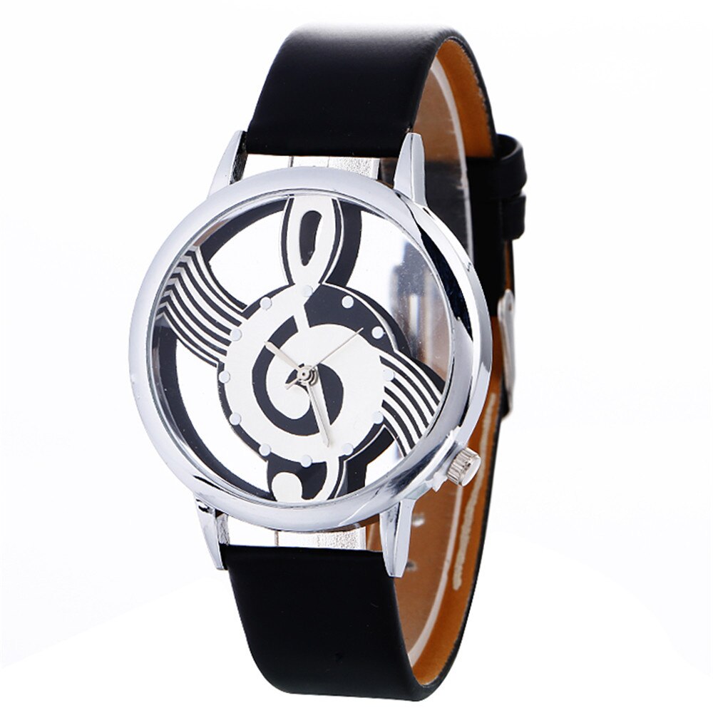 Womans Watch Musical Note Painting Leather Strap Bracelet Lady Male Female Wrist Watches Femmes Montres Clock: BK