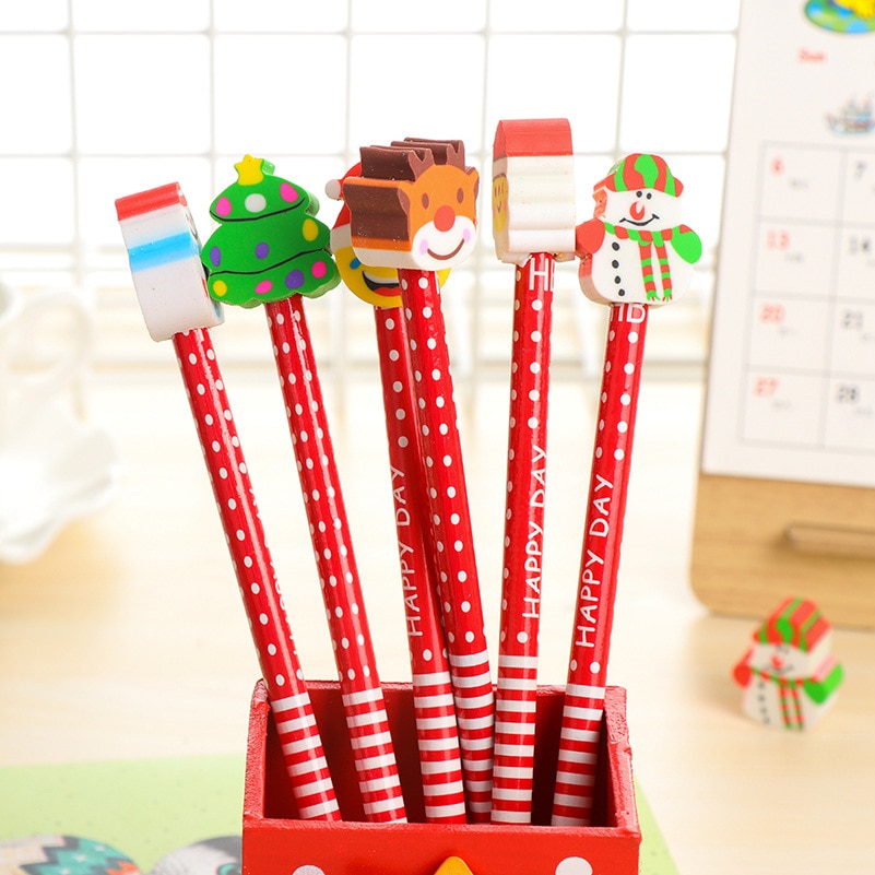 6 Pcs/Set Cute Cartoon Merry Christmas Wood Pencils School Office Stationery Wooden Pencil for Kids Students