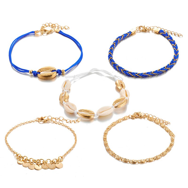 Gold Color Shell Anklet for Women Bracelet on Leg Blue Weave Rope Foot Chain Circle Sequins Ankle Bohemian Beach Jewelry