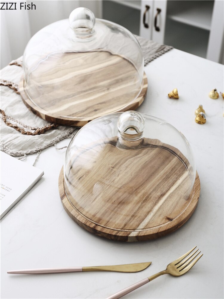 Kreative Kuchen Drehscheibe Holz Paletten Glas Abdeckung Snack Brot Tablett Nachtisch Anzeige Stand Seide Plattenspieler Küche Dekoration