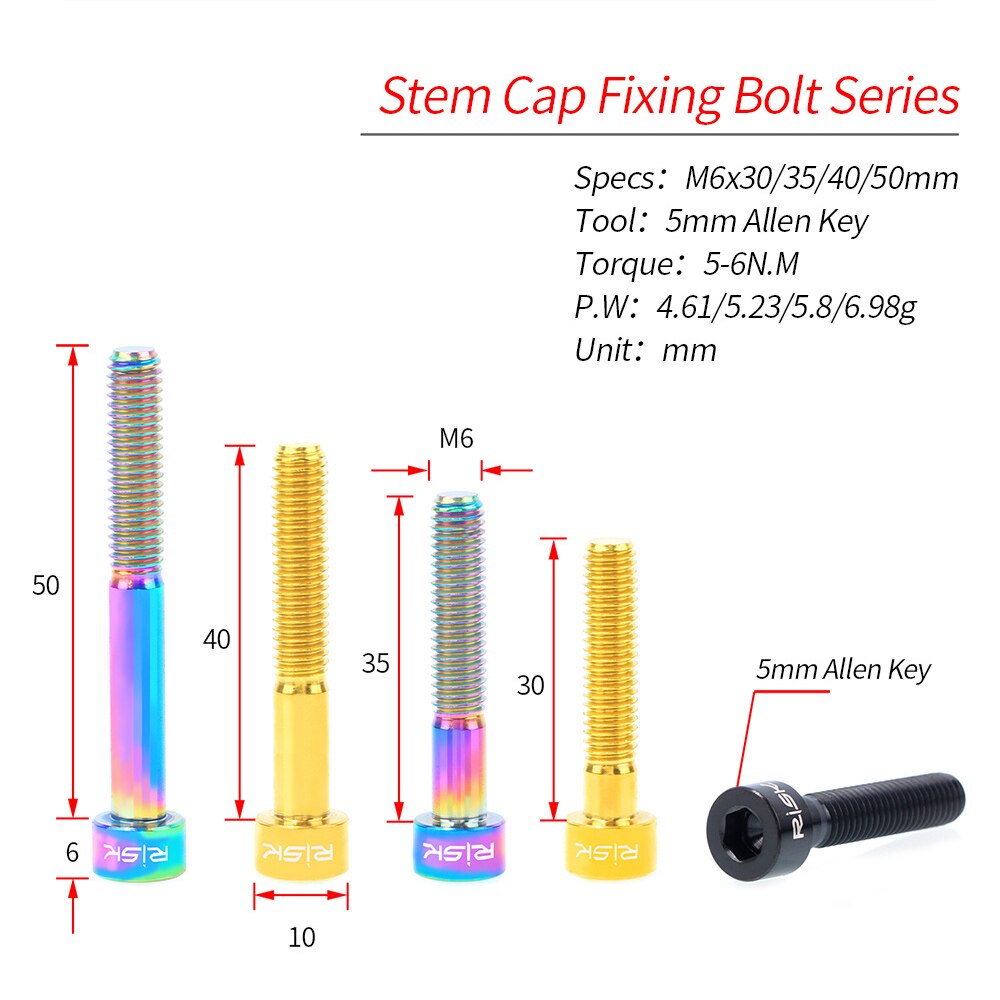 RISK Titanium Bolts Allen Key MTB Road Bike Taper Head Screw Bicycle Headset Cap Fixing Bolts Rainbow Gold M6 x 30 35 40 50mm