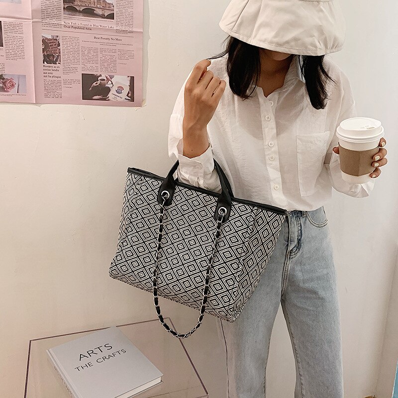 Canvas Women Large Capacity Tote Bags Prints Shopping Bags Ladies Chain Shoulder Bag